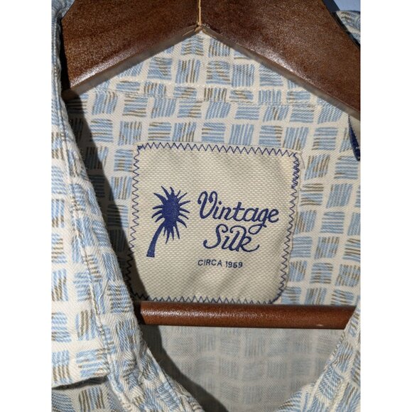 Silk Mens XL Short Sleeve Button-Up Shirt Beige Blue Retro Pattern Vintage - Picture 3 of 7
